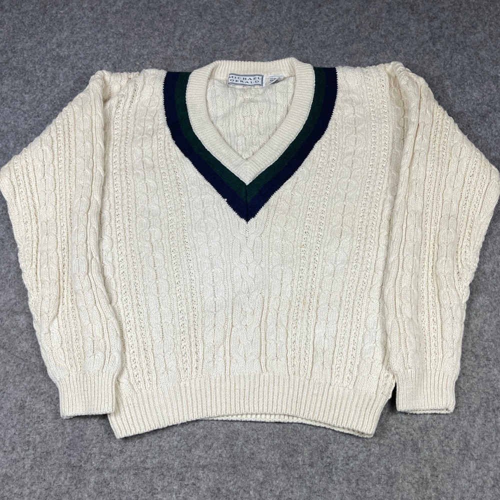 Vintage Michael Gerald V-Neck Cable Knit Sweater Mens Large Cream Cricket Tennis